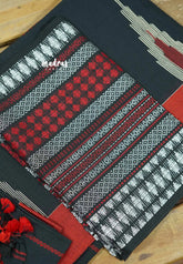 Black and Red khadi linen Saree with Kolam Embroidered Blouse and Assam Weave Sleeves